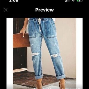 Super Stylish Light Blue Distressed Drawstring Straight-Leg  Blue Jeans